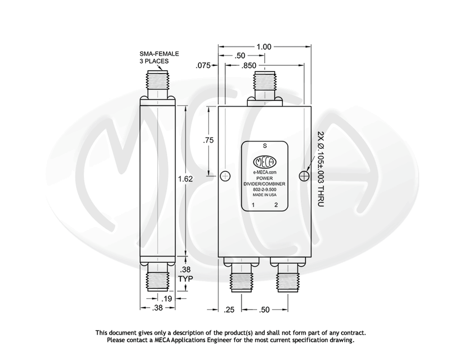 802-2-9.500 Power Divider SMA-Female connectors drawing