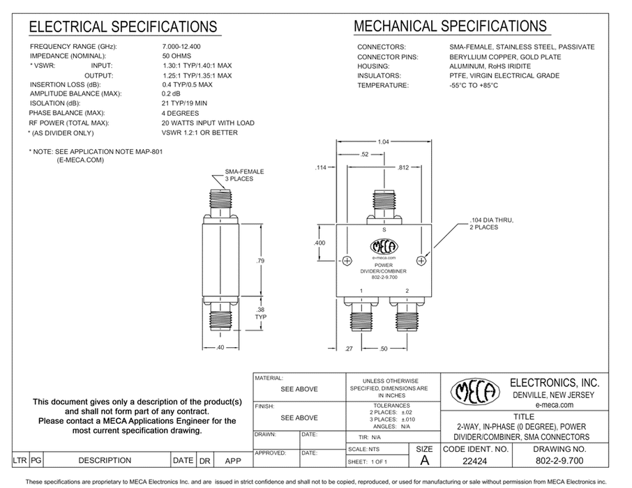 802-2-9.700 Power Dividers electrical specs