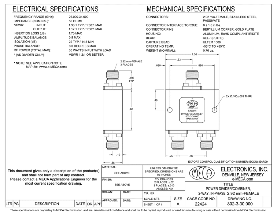 802-3-30.000 2.92mm-F Power Dividers electrical specs