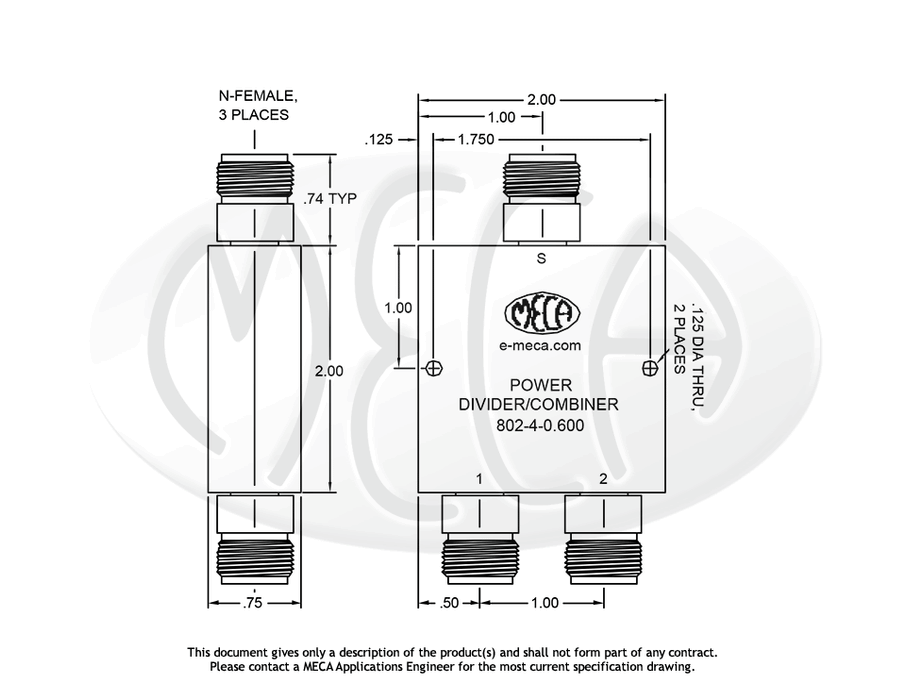 802-4-0.600 Power Dividers N-Female connectors drawing
