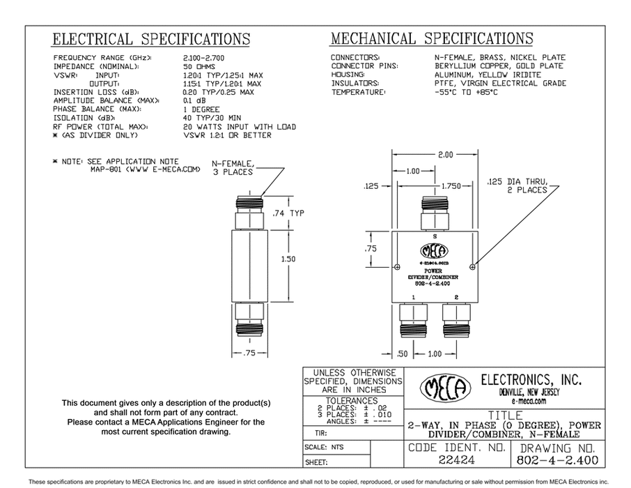 802-4-2.400 2 Way N-F Power Dividers electrical specs
