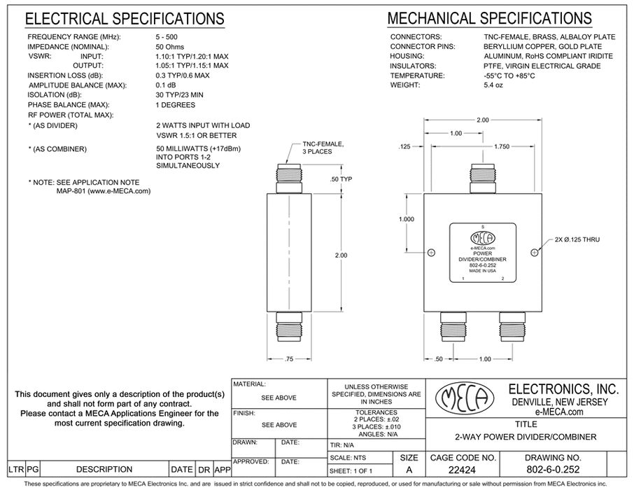 802-6-0.252 TNC Power Divider electrical specs