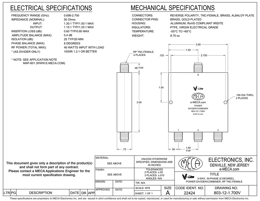 803-12-1.700V RP-TNC Power Divider electrical specs