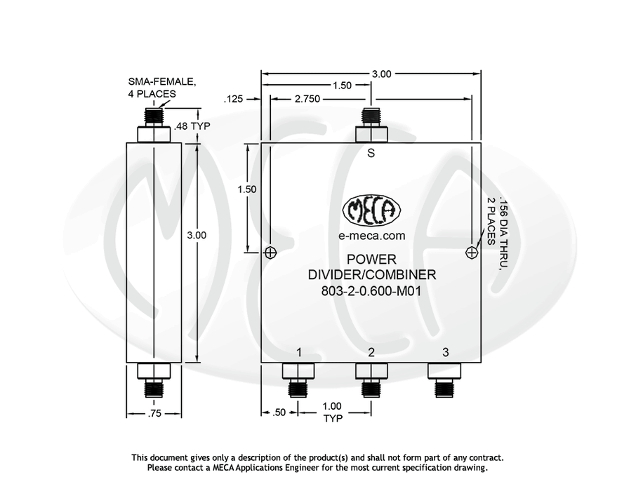 803-2-0.600-M01 Power Divider SMA-Female connectors drawing