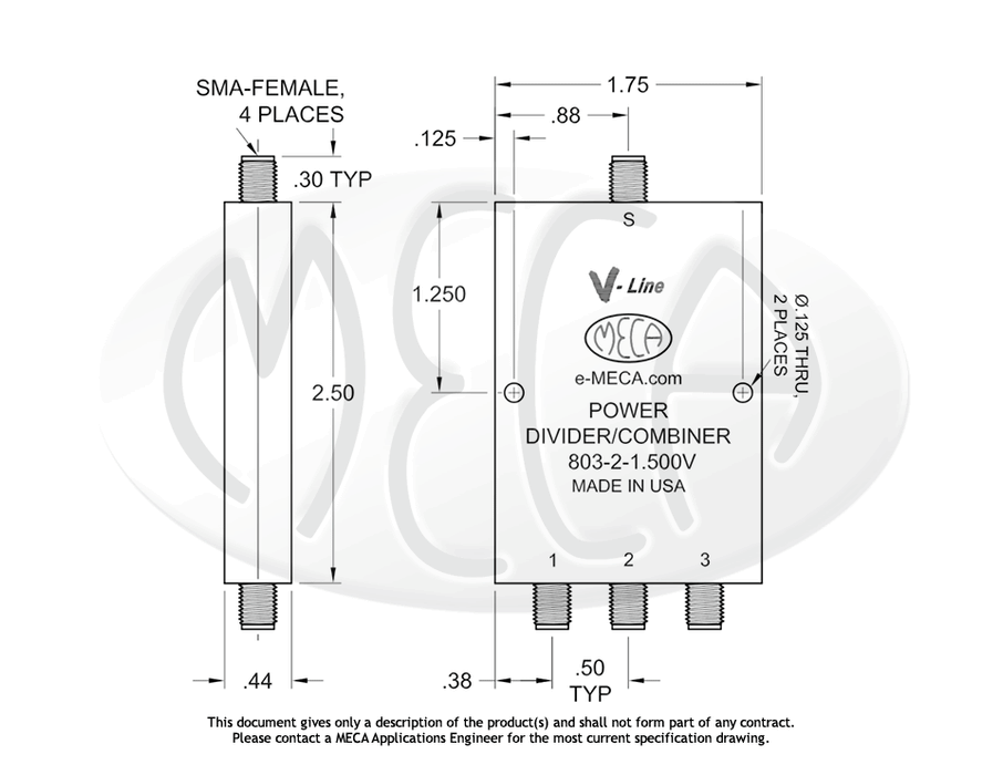 803-2-1.500V Power Divider SMA-Female connectors drawing