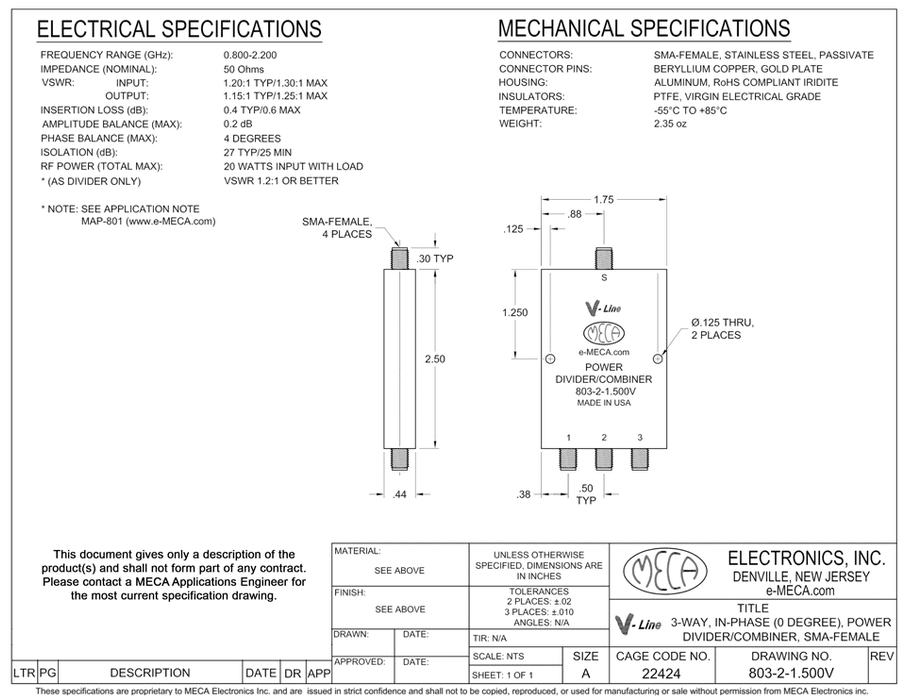 803-2-1.500V 3 Way SMA-Female Power Divider electrical specs