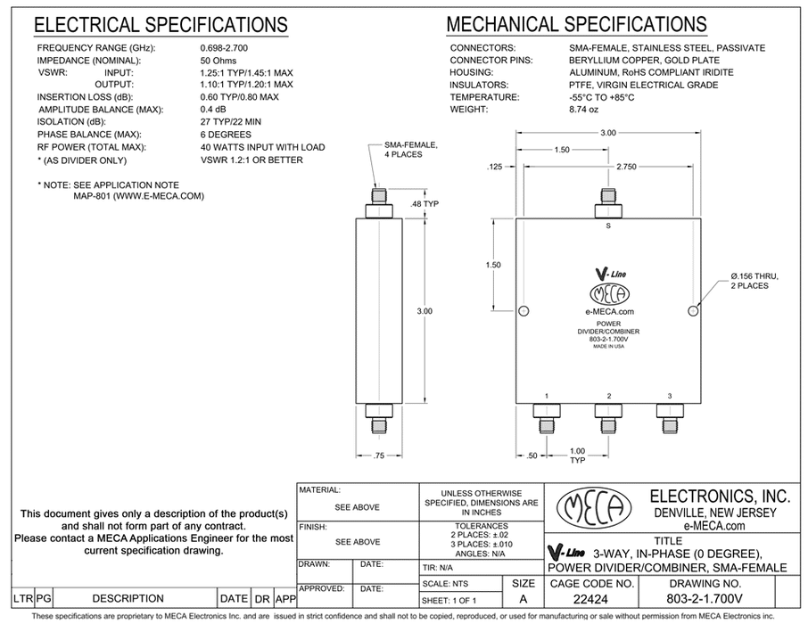 803-2-1.700V 3 Way SMA-Female Power Dividers electrical specs