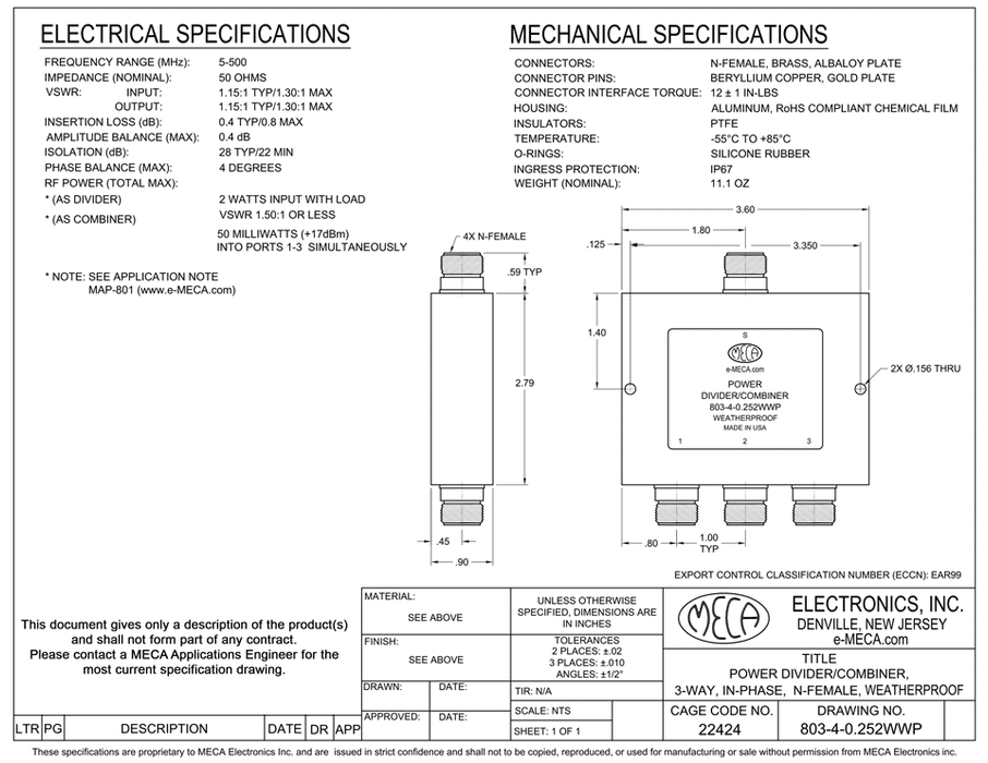 803-4-0.252WWP 3W N-Female Power Divider electrical specs