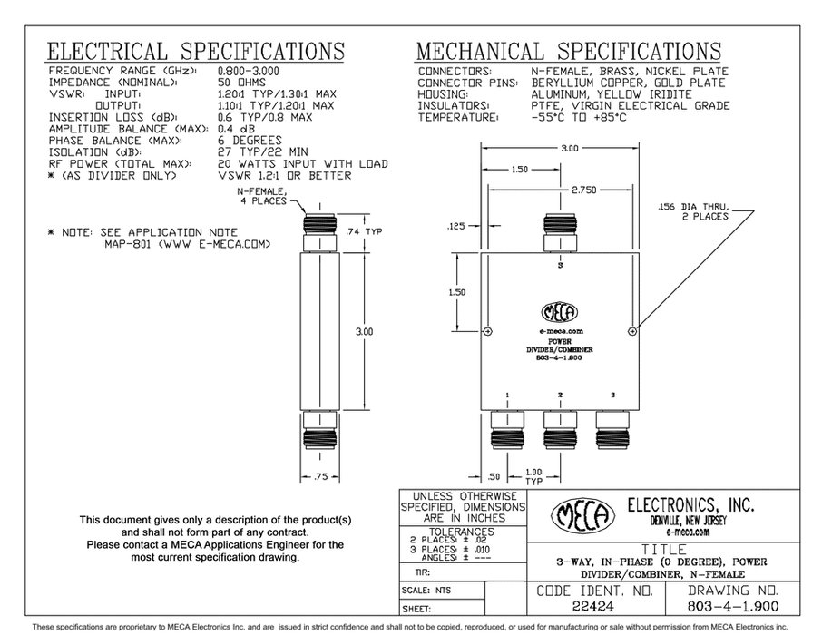 803-4-1.900 3W N F Power Divider electrical specs