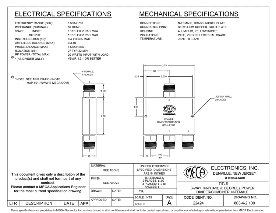 803-4-2.100 3W N F Power Dividers electrical specs