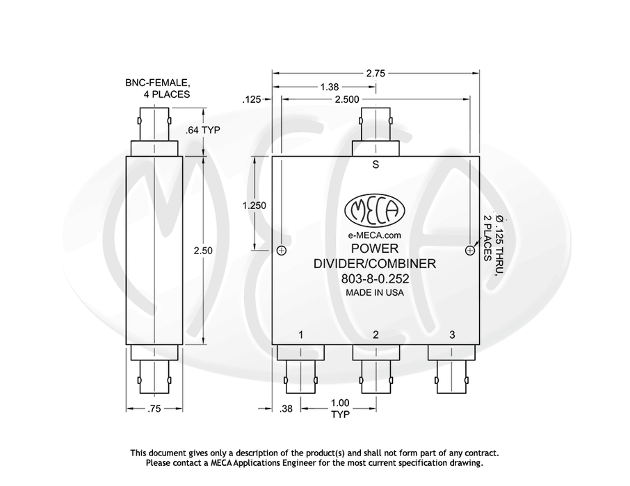 803-8-0.252 Power Divider BNC-Female connectors drawing