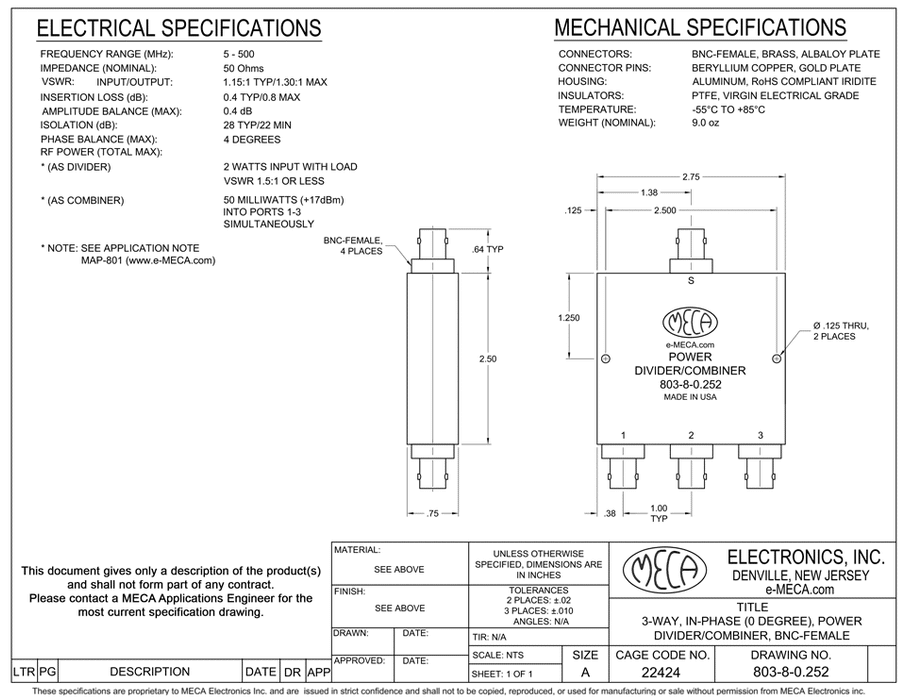 803-8-0.252 3-way BNC-F Power Divider electrical specs