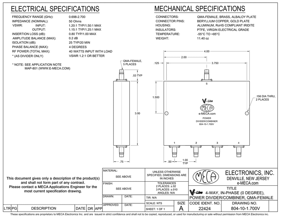 804-10-1.700V 4-way QMA-F Power Divider electrical specs