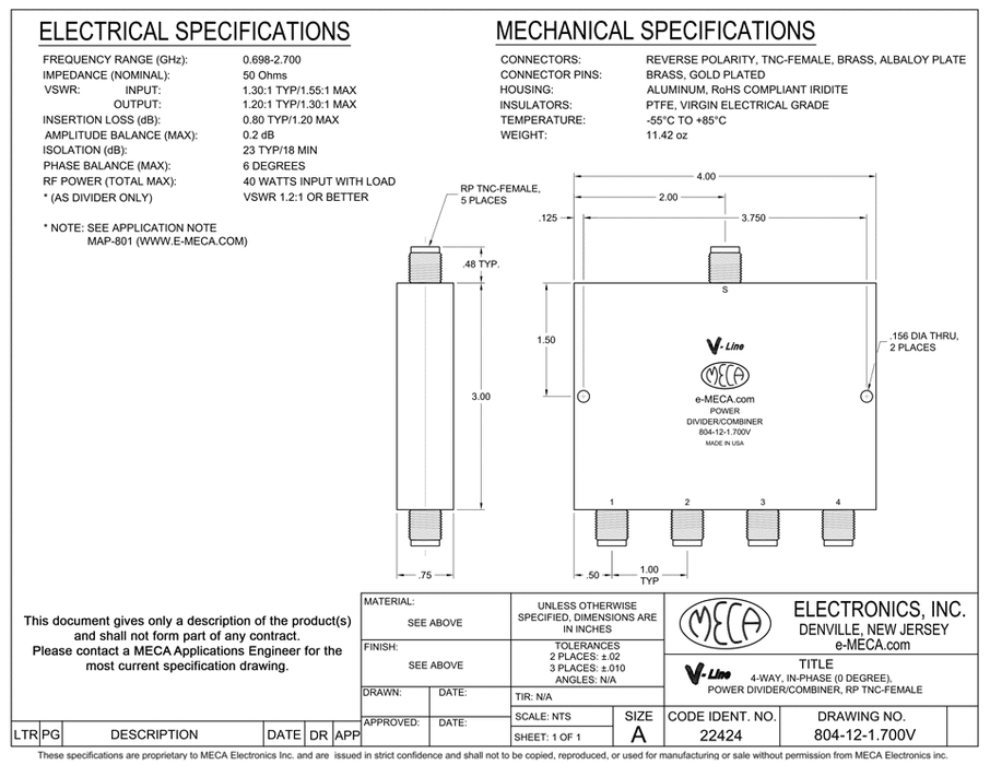 804-12-1.700V 4-way RP-TNC-F Power Divider electrical specs