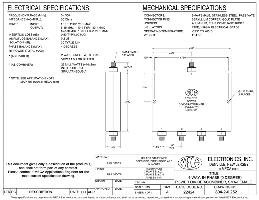 804-2-0.252 4W SMA-F Power Divider electrical specs