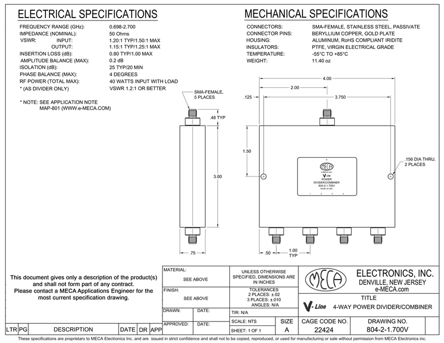 804-2-1.700V 4 W SMA-F Power Dividers electrical specs