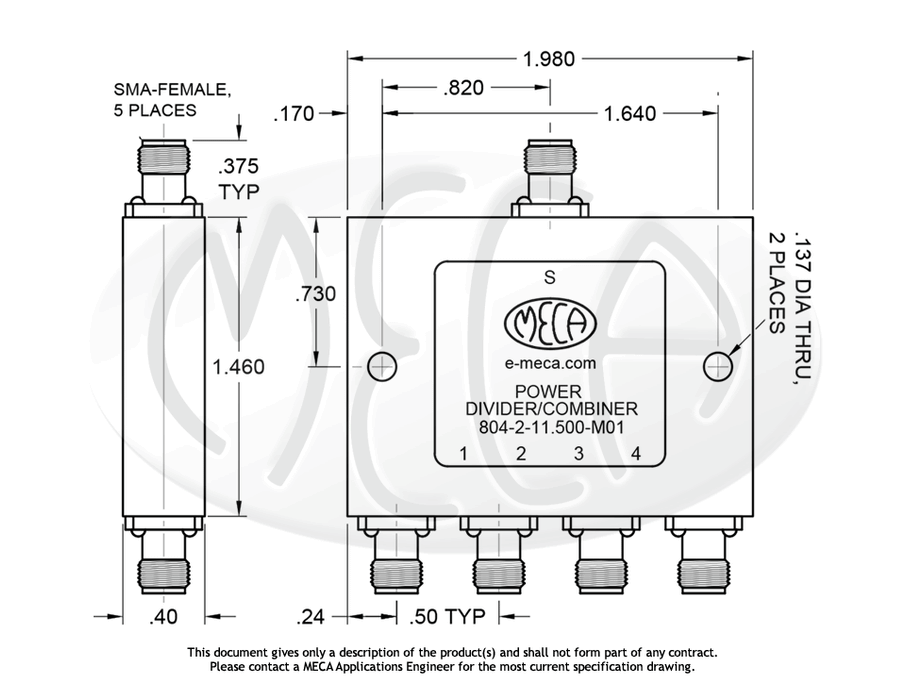 804-2-11.500-M01 Power Dividers SMA-Female connectors drawing