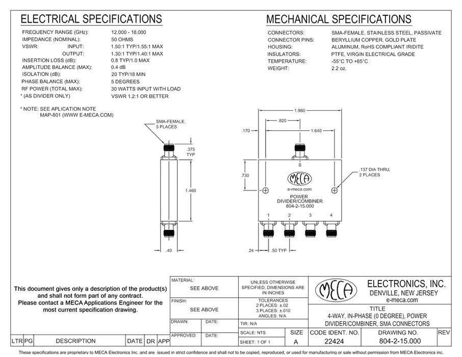 804-2-15.000 4 Way SMA-Female Power Divider electrical specs