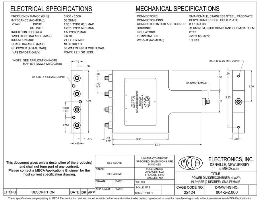 804-2-2.000 4-Way SMA-Female Power Divider electrical specs