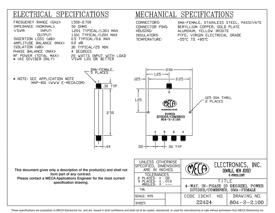 804-2-2.100 4-Way SMA-Female Power Dividers electrical specs