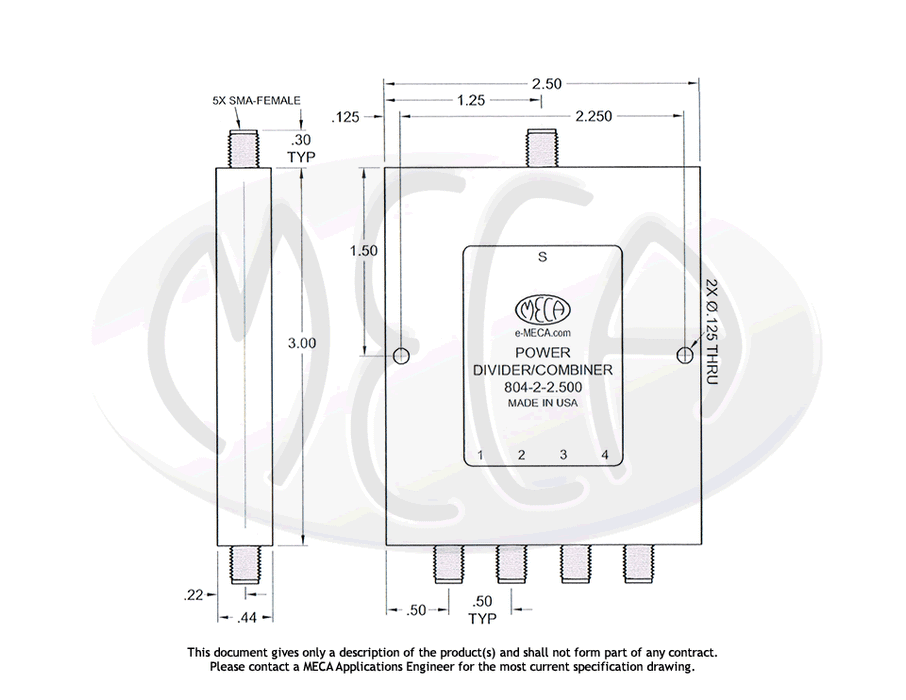 804-2-2.500 Power Divider SMA-Female connectors drawing