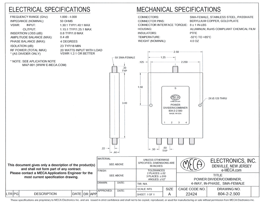 804-2-2.500 4W SMA-Female Power Divider electrical specs