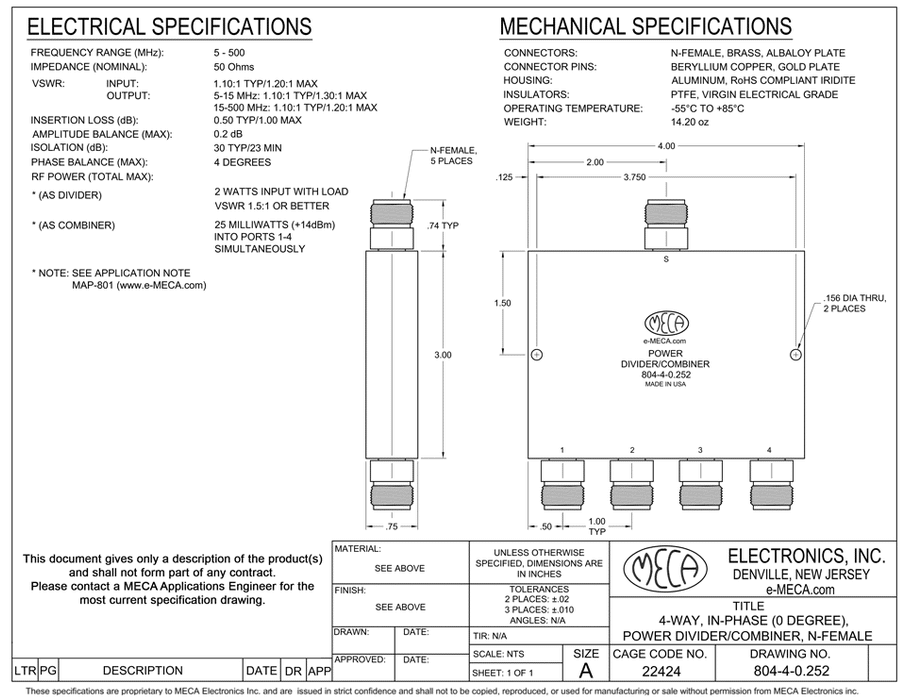 804-4-0.252 4W N-Female Power Divider electrical specs