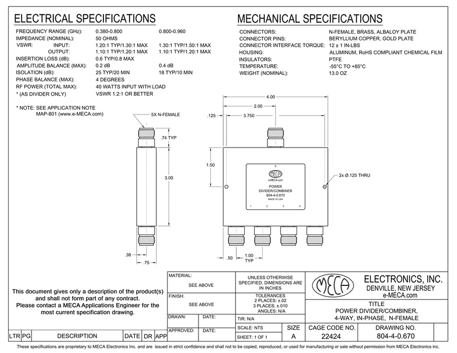 804-4-0.670 4W N Female Power Divider electrical specs