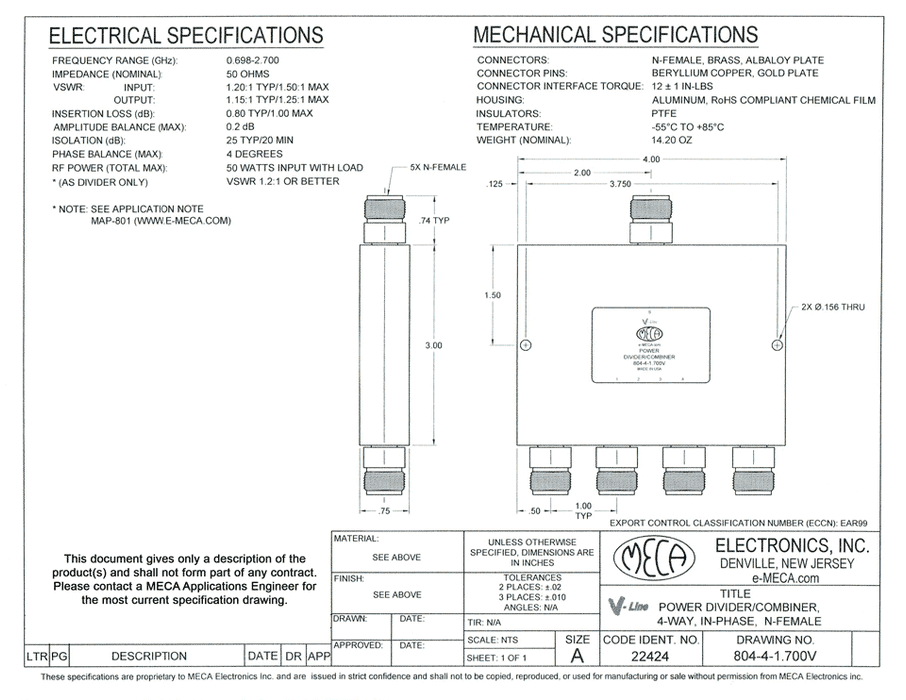 804-4-1.700V 4W N F Power Divider electrical specs