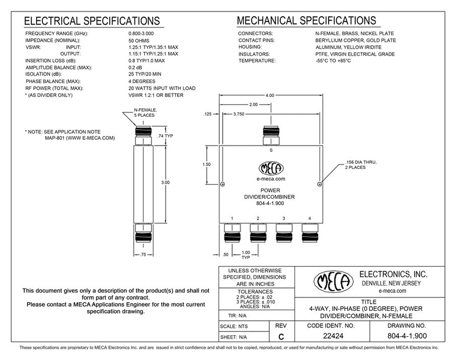 804-4-1.900 4W N F Power Dividers electrical specs