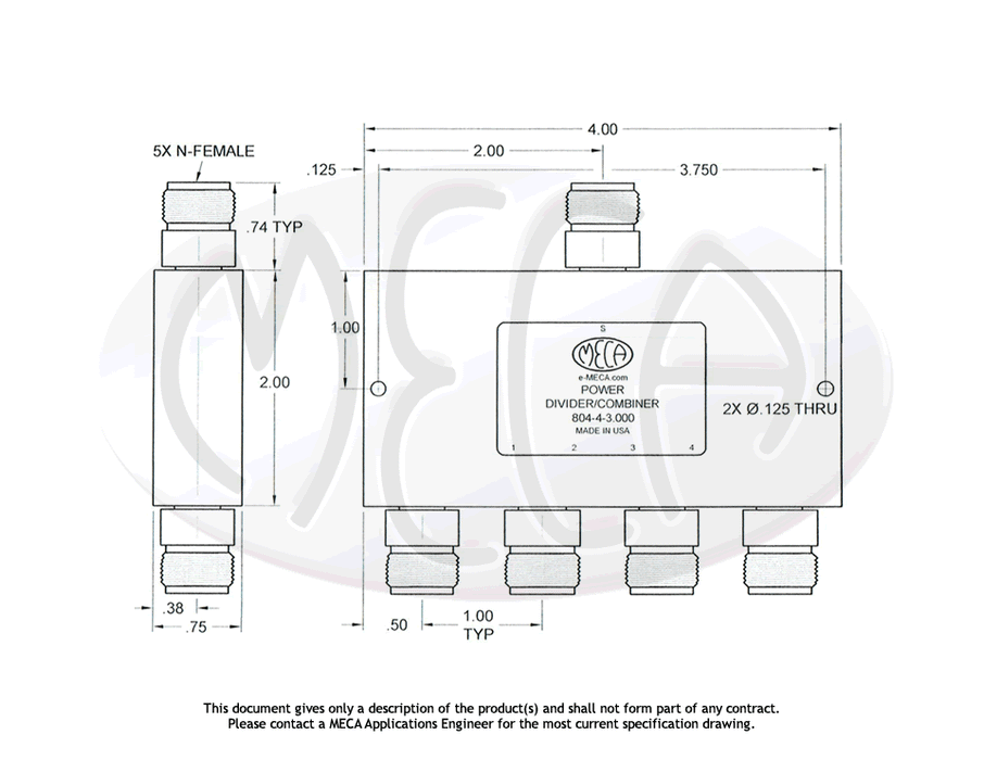 804-4-3.000 Power Divider N-Female connectors drawing