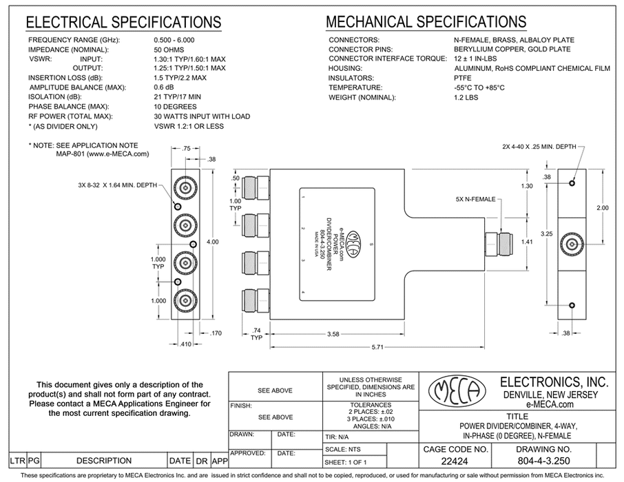 804-4-3.250 4 Way N-Female Power Divider electrical specs