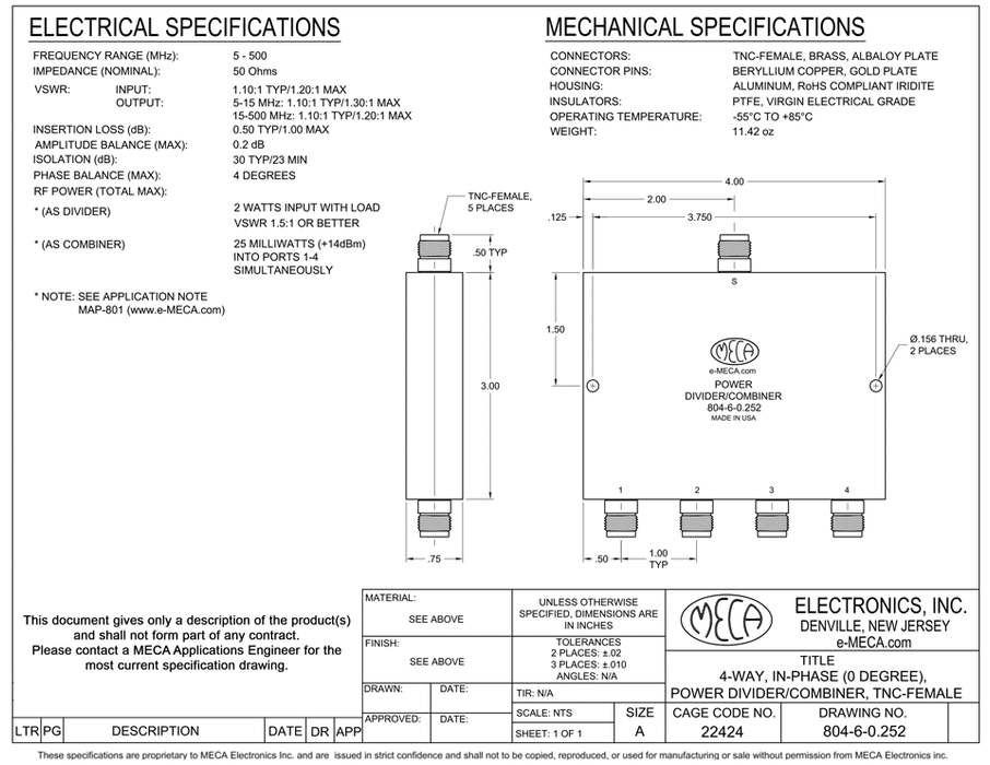 804-6-0.252 4-Way TNC-F Power Divider electrical specs