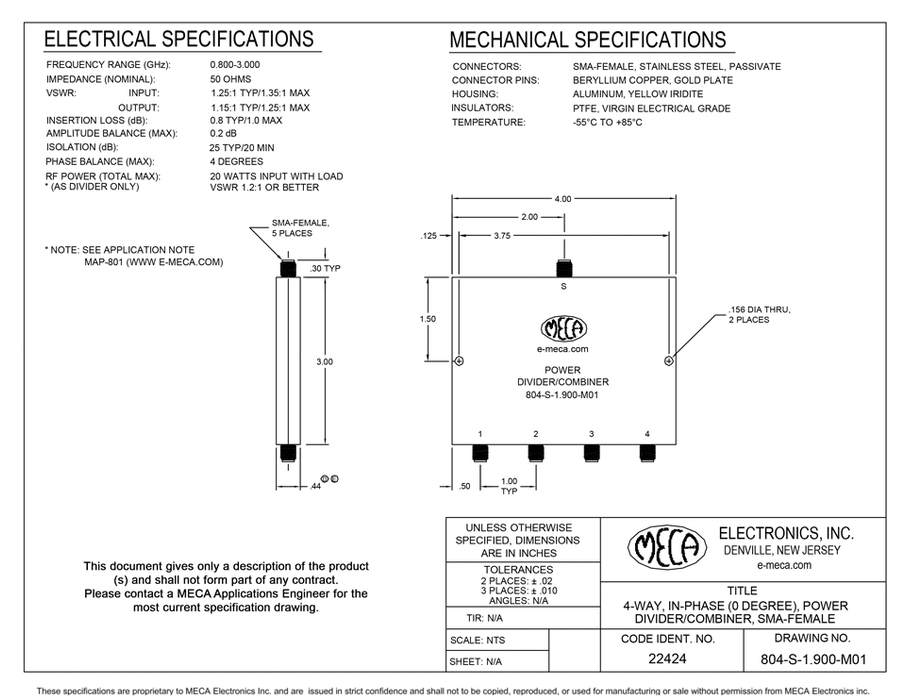 804-S-1.900-M01 4W SMA Female Power Divider electrical specs