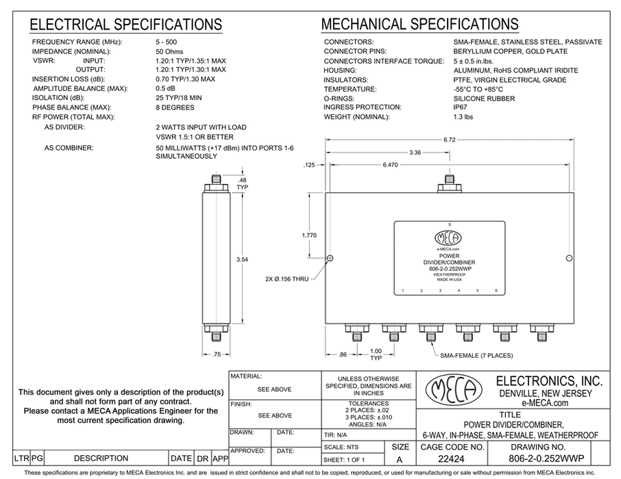 806-2-0.252WWP 6 Way SMA-Female Power Divider electrical specs