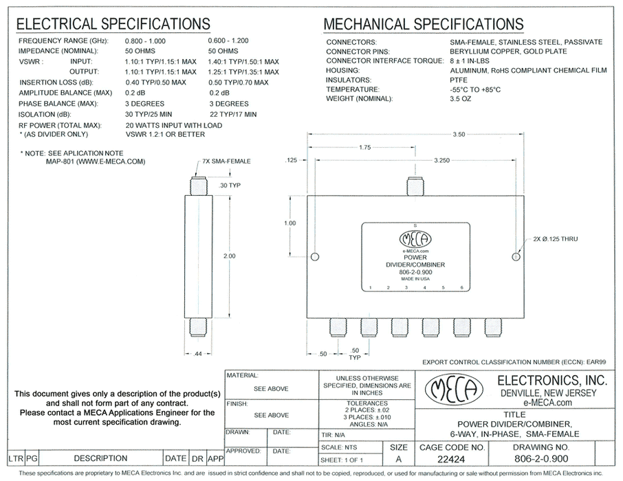 806-2-0.900 6 Way SMA-Female Power Dividers electrical specs