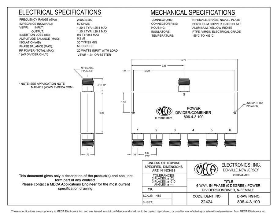 806-4-3.100 6 W N-F Power Dividers electrical specs