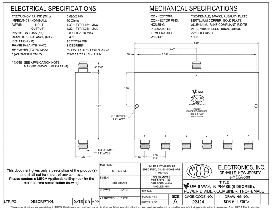 806-6-1.700V 6 W TNC-Female Power Divider electrical specs