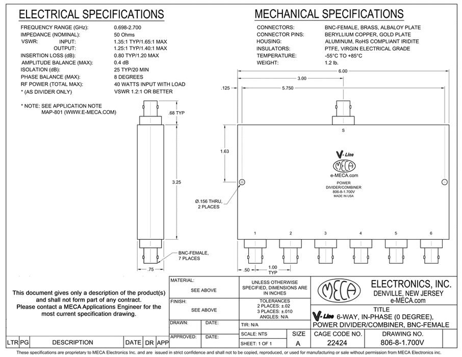 806-8-1.700V 6 W TNC-Female Power Divider electrical specs