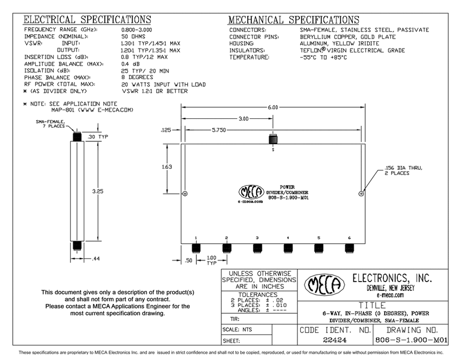 806-S-1.900-M01 6 W SMA-F Power Divider electrical specs