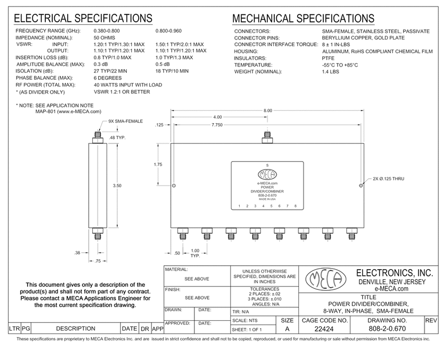 808-2-0.670 8 Way SMA Female Power Divider electrical specs