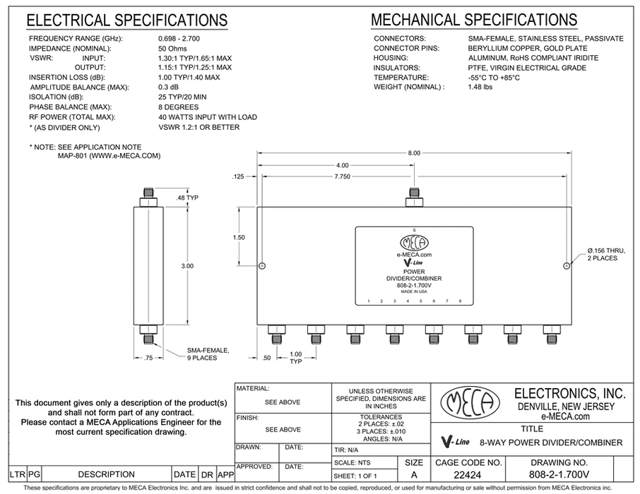 808-2-1.700V 8-Way SMA-Female Power Dividers electrical specs