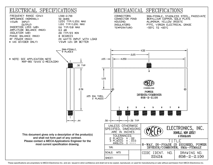 808-2-2.100 8W SMA-Female Power Divider electrical specs