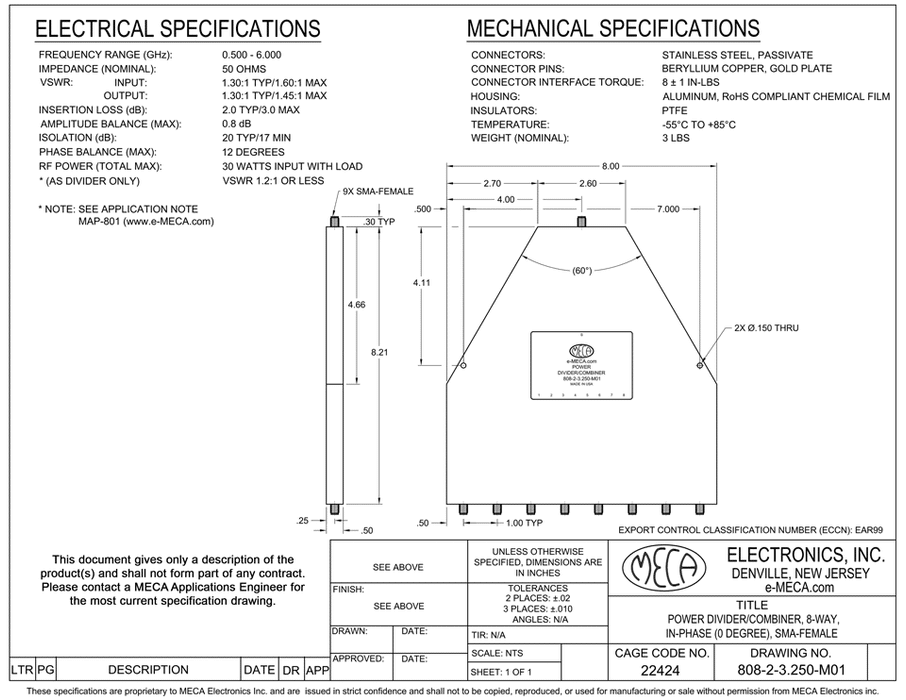 808-2-3.250-M01 8W SMA-F Power Divider electrical specs