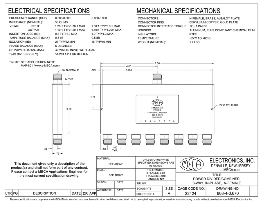 808-4-0.670 8-Way N-Female Power Dividers electrical specs