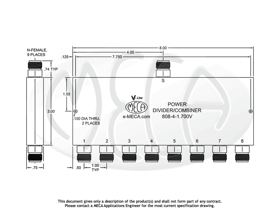 808-4-1.700V Power Divider N-Female connectors drawing