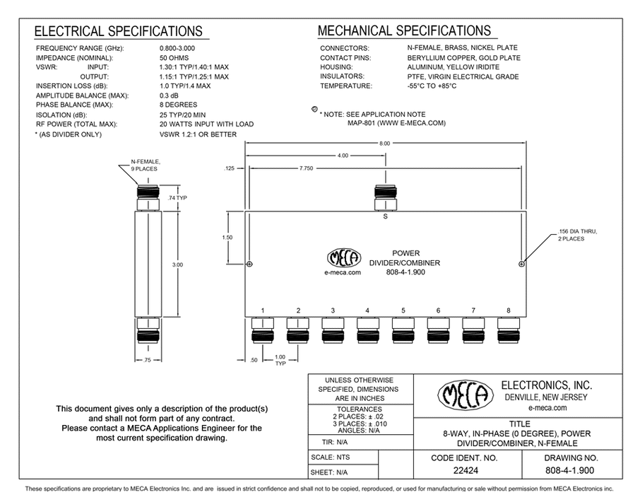 808-4-1.900 8 Way N F Power Divider electrical specs