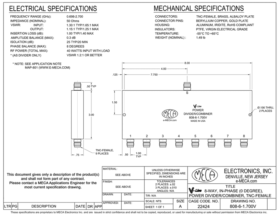 808-6-1.700V 8-W TNC-Female Power Divider electrical specs
