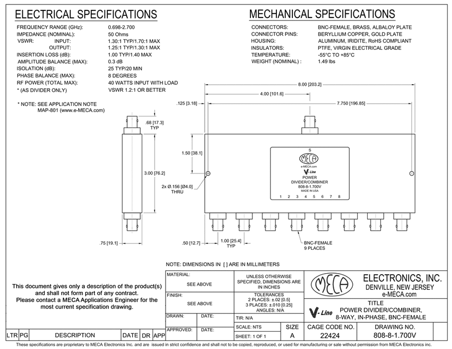 808-8-1.700V 8-W BNC-Female Power Divider electrical specs