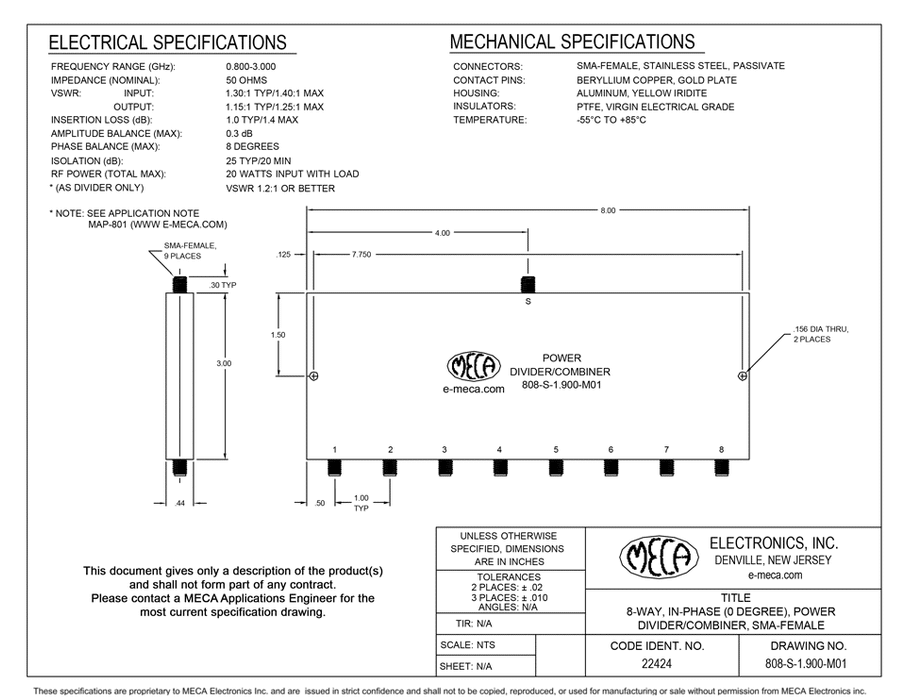 808-S-1.900-M01 8 Way SMA Female Power Divider electrical specs